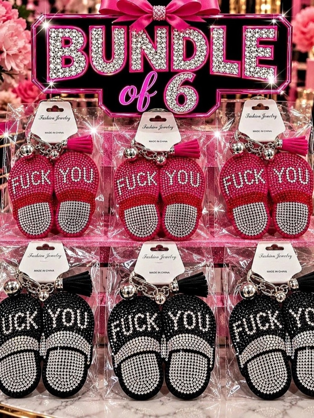 6- Funny keychain Rhinestone Keychain Bundle of 3 Pink & 3 Black NWT